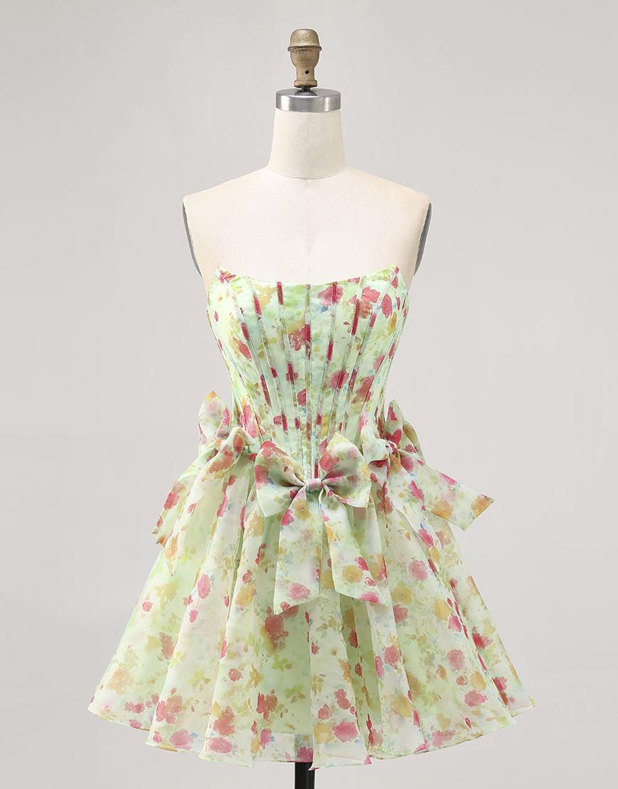 Green Floral A Line Short Corset Homecoming Dress with Bows