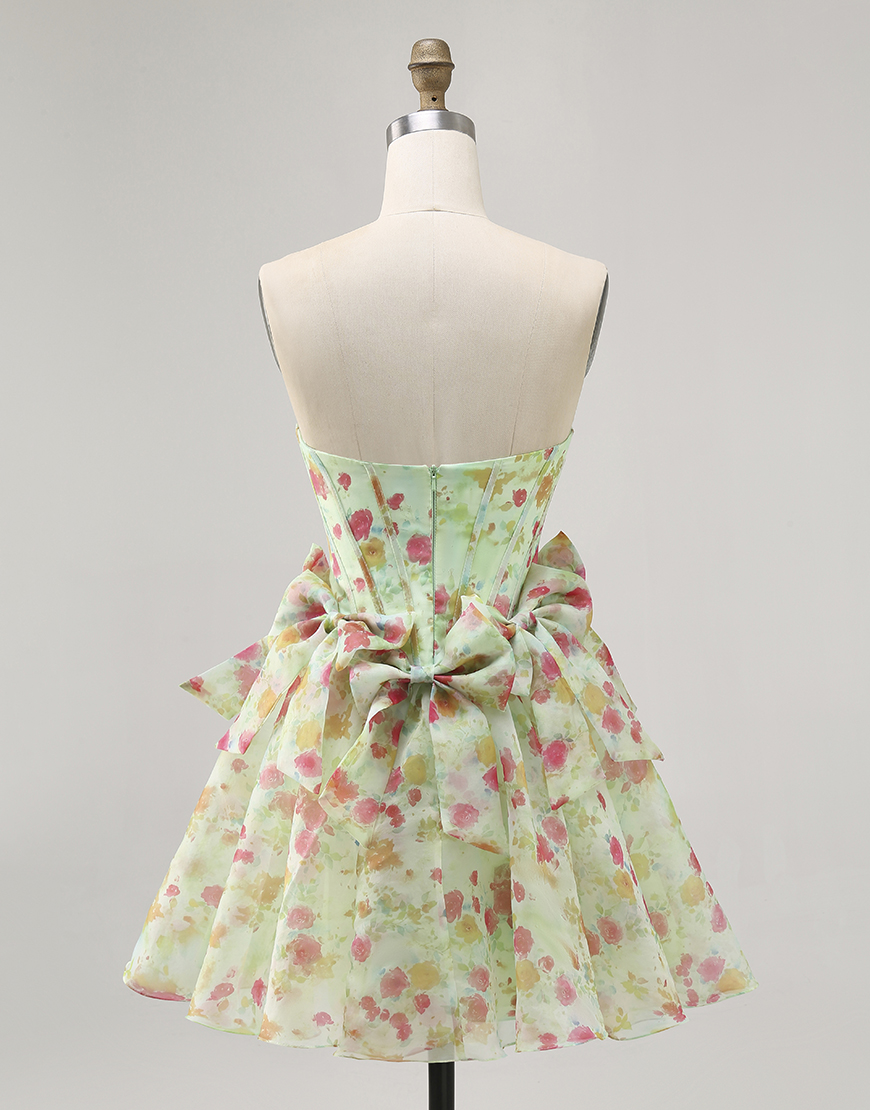 Green Floral A Line Short Corset Homecoming Dress with Bows
