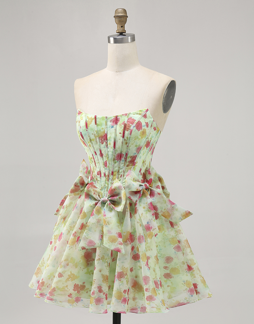 Green Floral A Line Short Corset Homecoming Dress with Bows