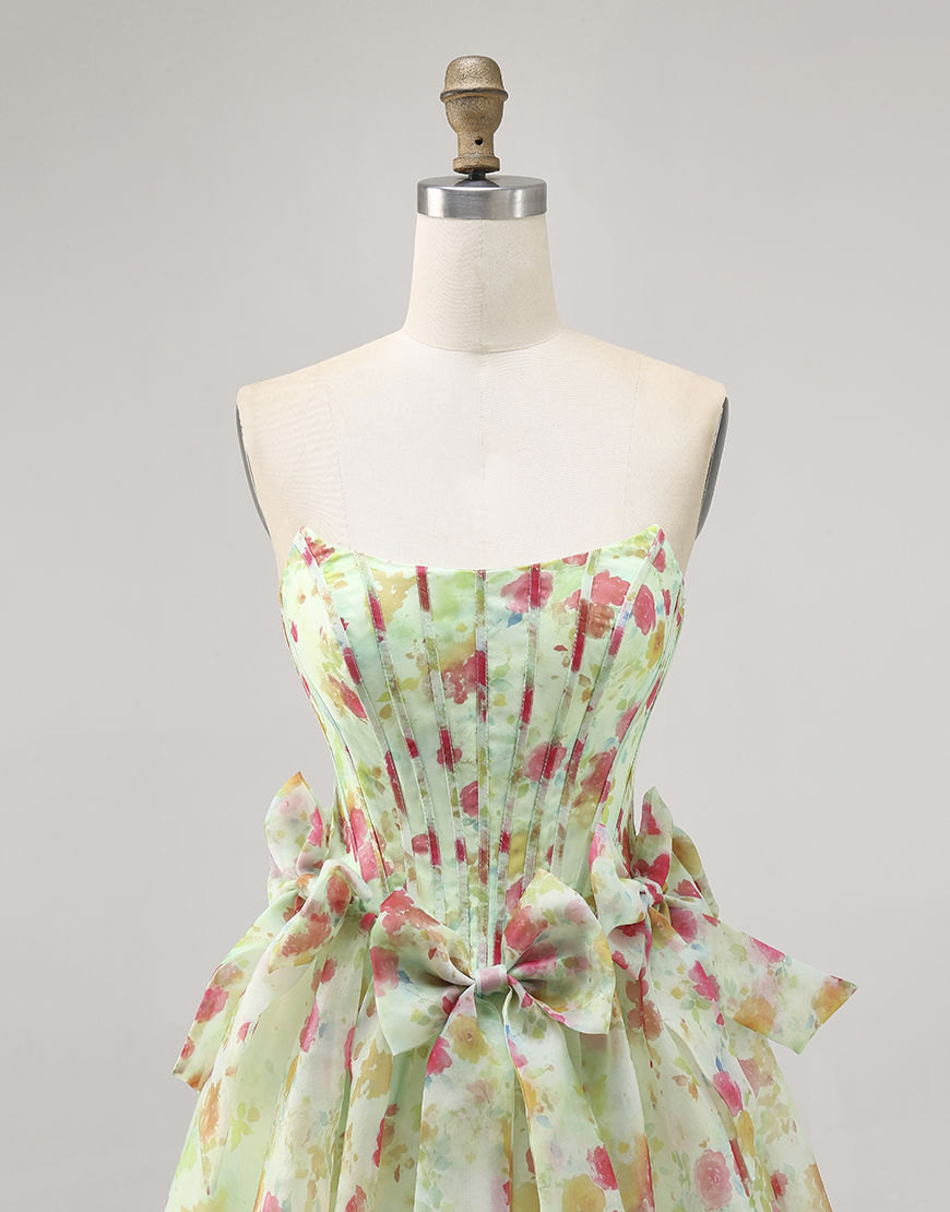 Green Floral A Line Short Corset Homecoming Dress with Bows