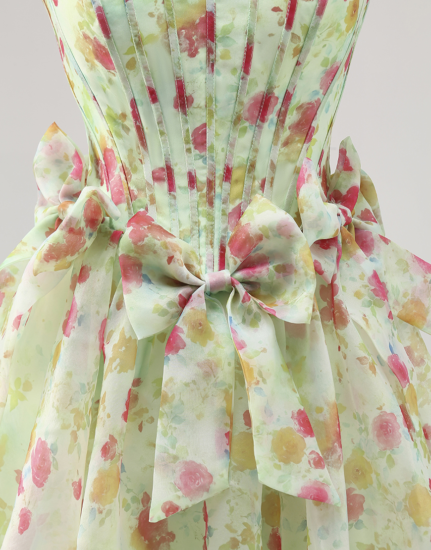 Green Floral A Line Short Corset Homecoming Dress with Bows
