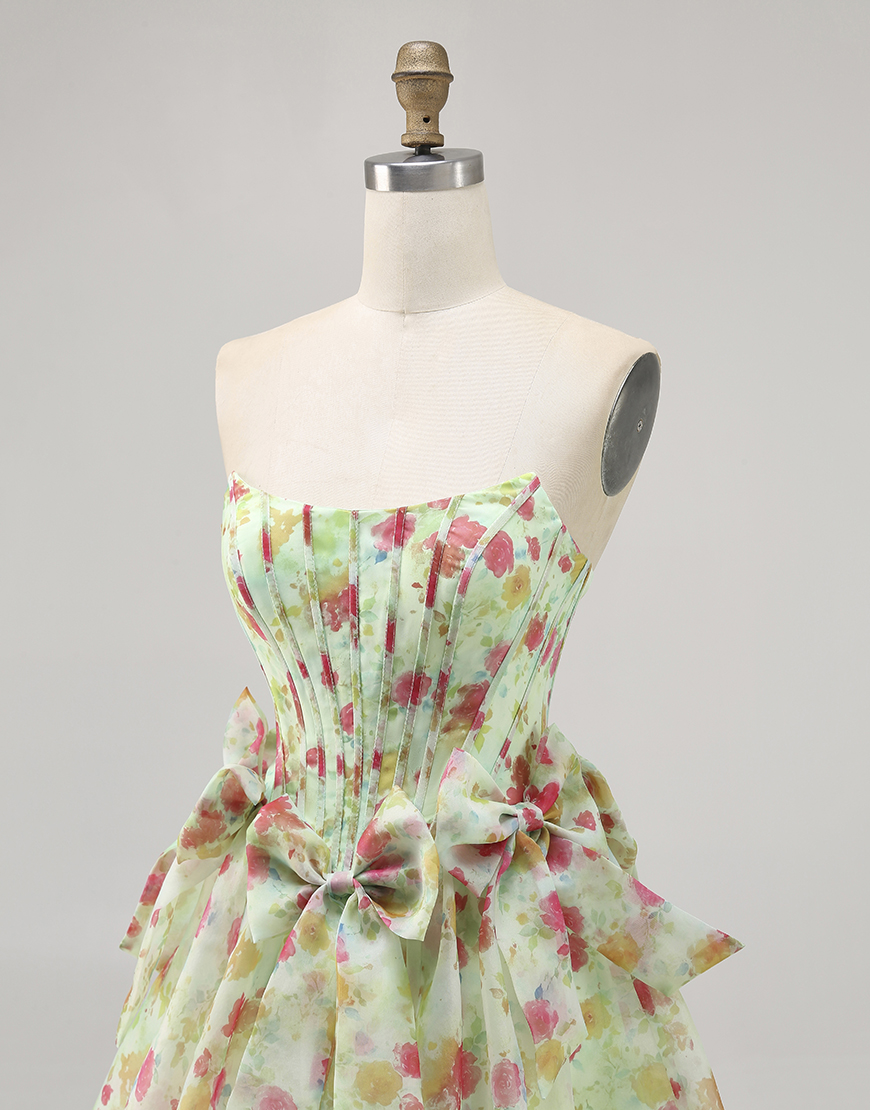Green Floral A Line Short Corset Homecoming Dress with Bows