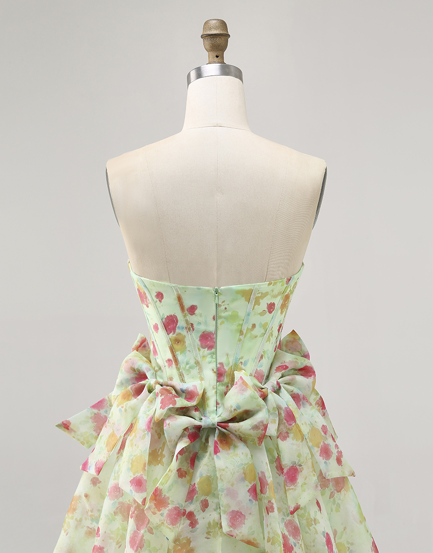 Green Floral A Line Short Corset Homecoming Dress with Bows