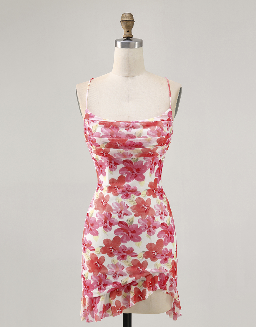 Red Floral Tight Ruched Short Homecoming Dress with Ruffles