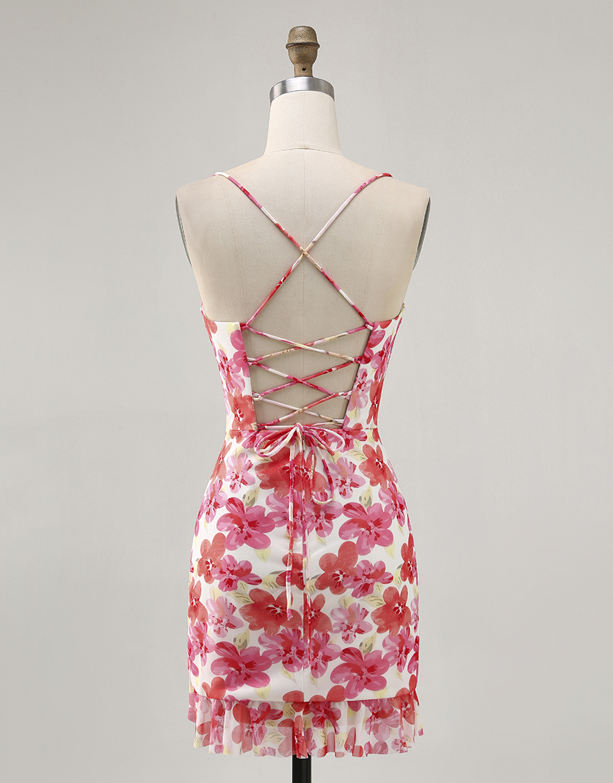 Red Floral Tight Ruched Short Homecoming Dress with Ruffles