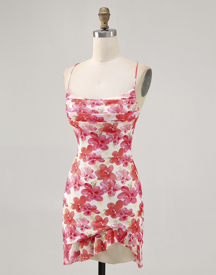 Red Floral Tight Ruched Short Homecoming Dress with Ruffles