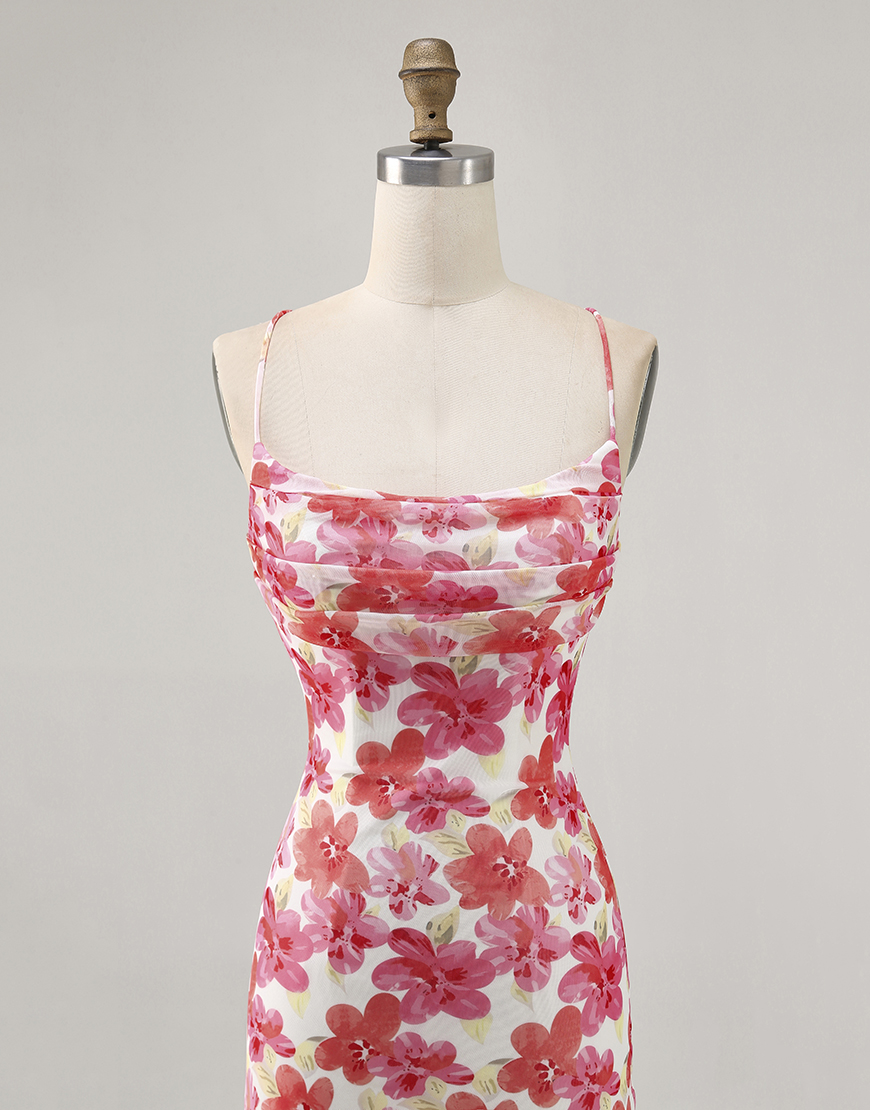 Red Floral Tight Ruched Short Homecoming Dress with Ruffles