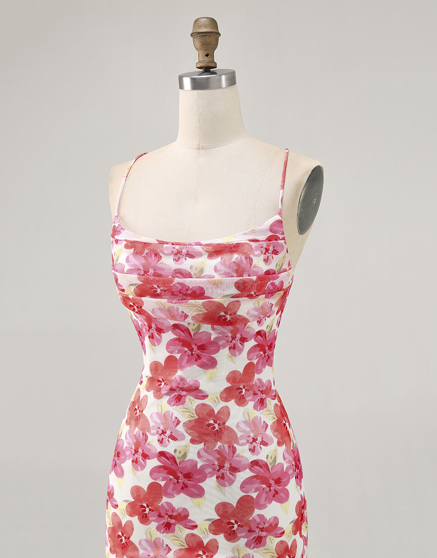 Red Floral Tight Ruched Short Homecoming Dress with Ruffles