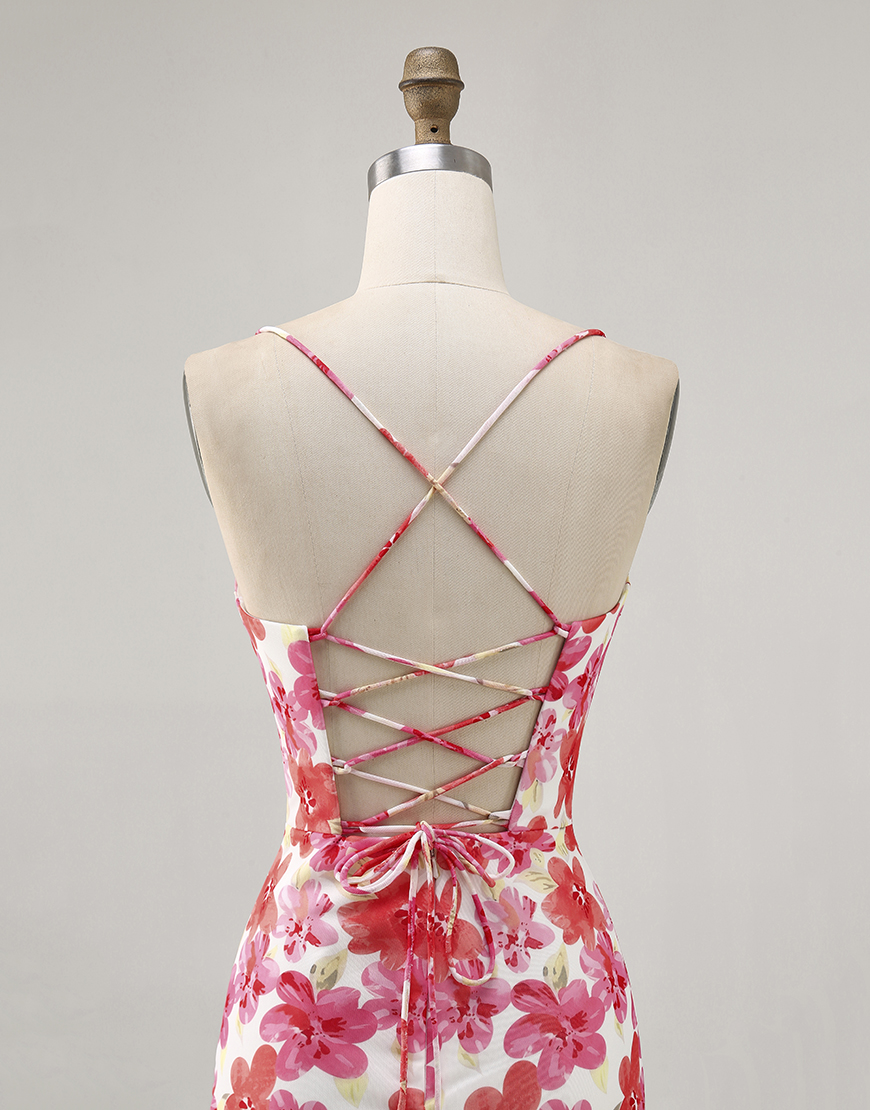 Red Floral Tight Ruched Short Homecoming Dress with Ruffles