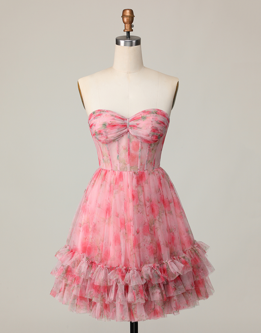 Red Floral Corset A Line Short Homecoming Dress with Ruffles
