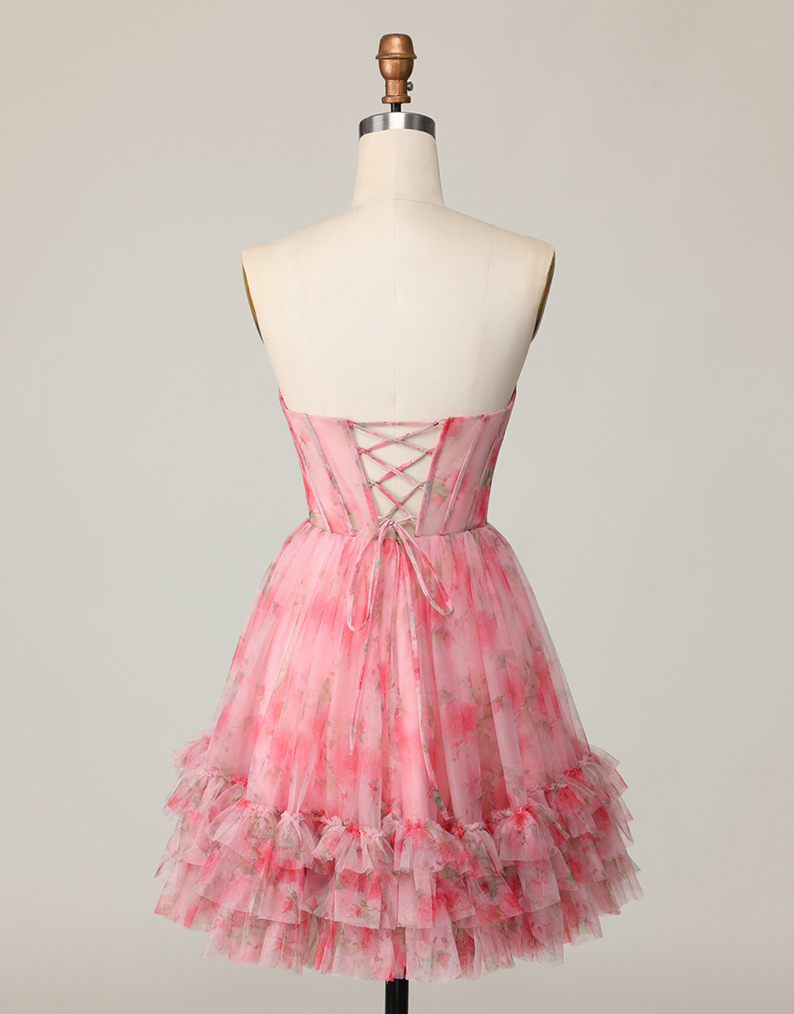 Red Floral Corset A Line Short Homecoming Dress with Ruffles