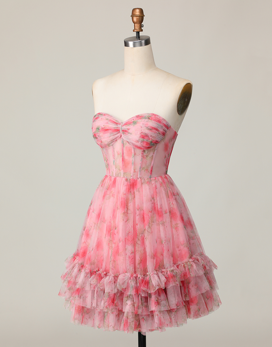 Red Floral Corset A Line Short Homecoming Dress with Ruffles