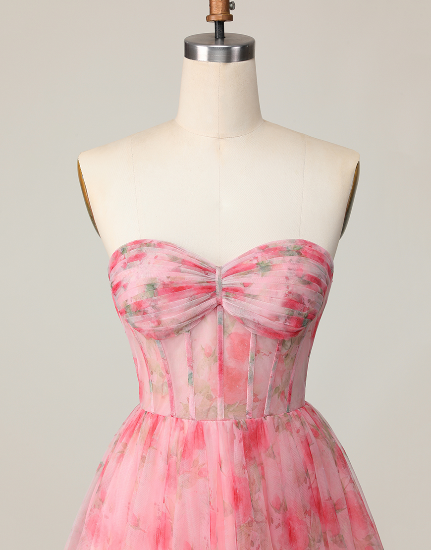 Red Floral Corset A Line Short Homecoming Dress with Ruffles