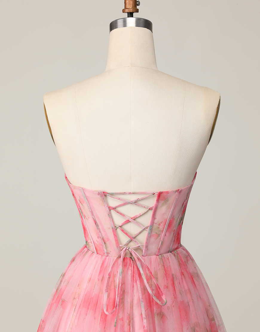 Red Floral Corset A Line Short Homecoming Dress with Ruffles