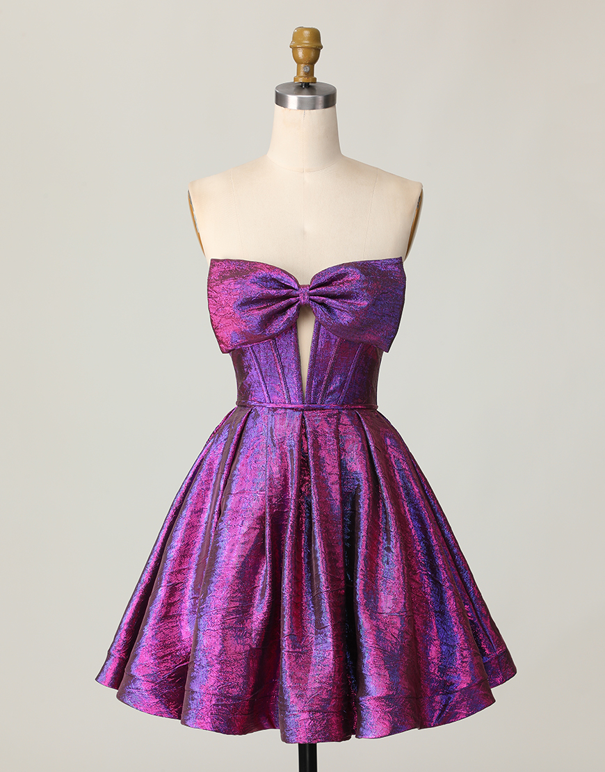 Metallic Dark Purple Corset Strapless Keyhole Short Homecoming Dress with Bow