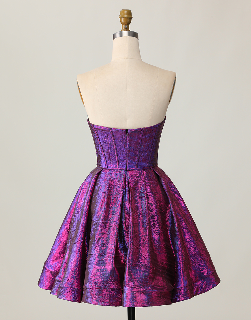 Metallic Dark Purple Corset Strapless Keyhole Short Homecoming Dress with Bow