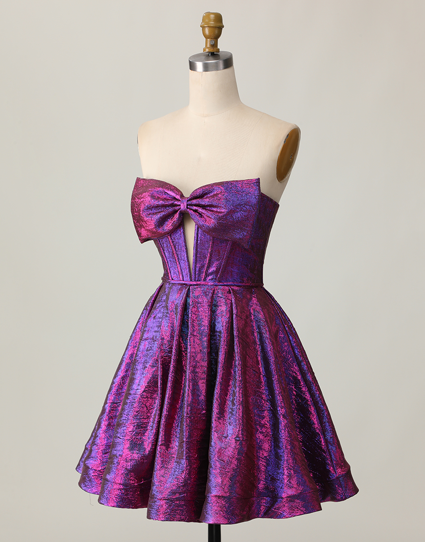 Metallic Dark Purple Corset Strapless Keyhole Short Homecoming Dress with Bow