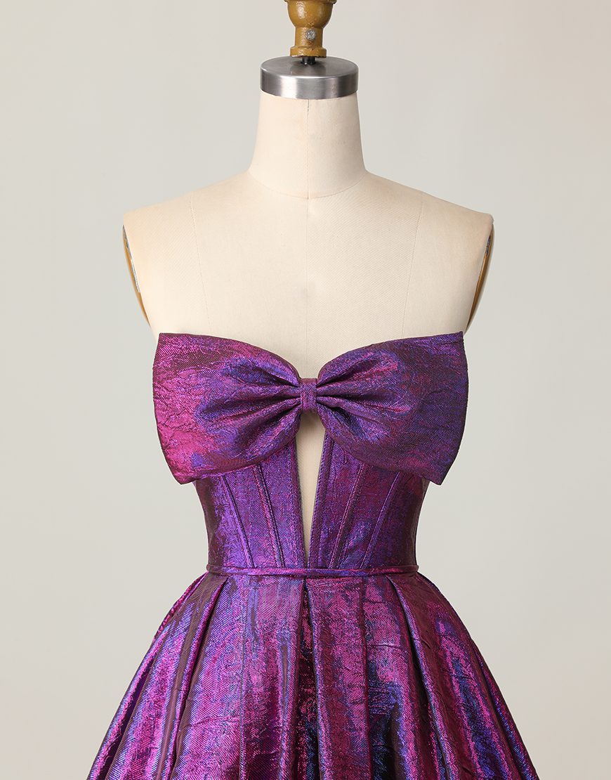 Metallic Dark Purple Corset Strapless Keyhole Short Homecoming Dress with Bow