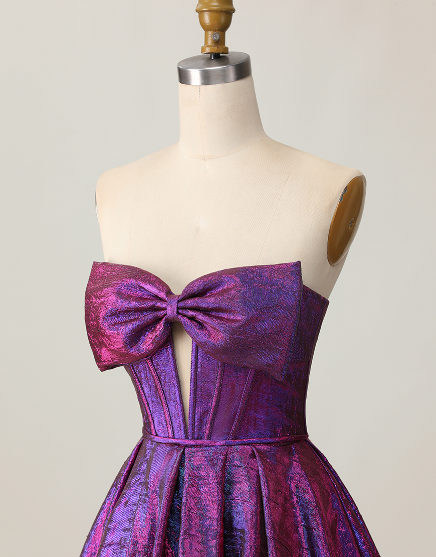 Metallic Dark Purple Corset Strapless Keyhole Short Homecoming Dress with Bow
