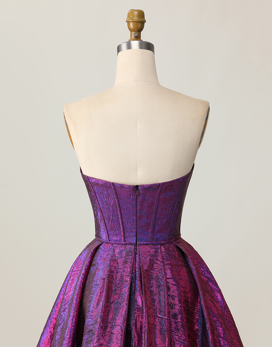 Metallic Dark Purple Corset Strapless Keyhole Short Homecoming Dress with Bow