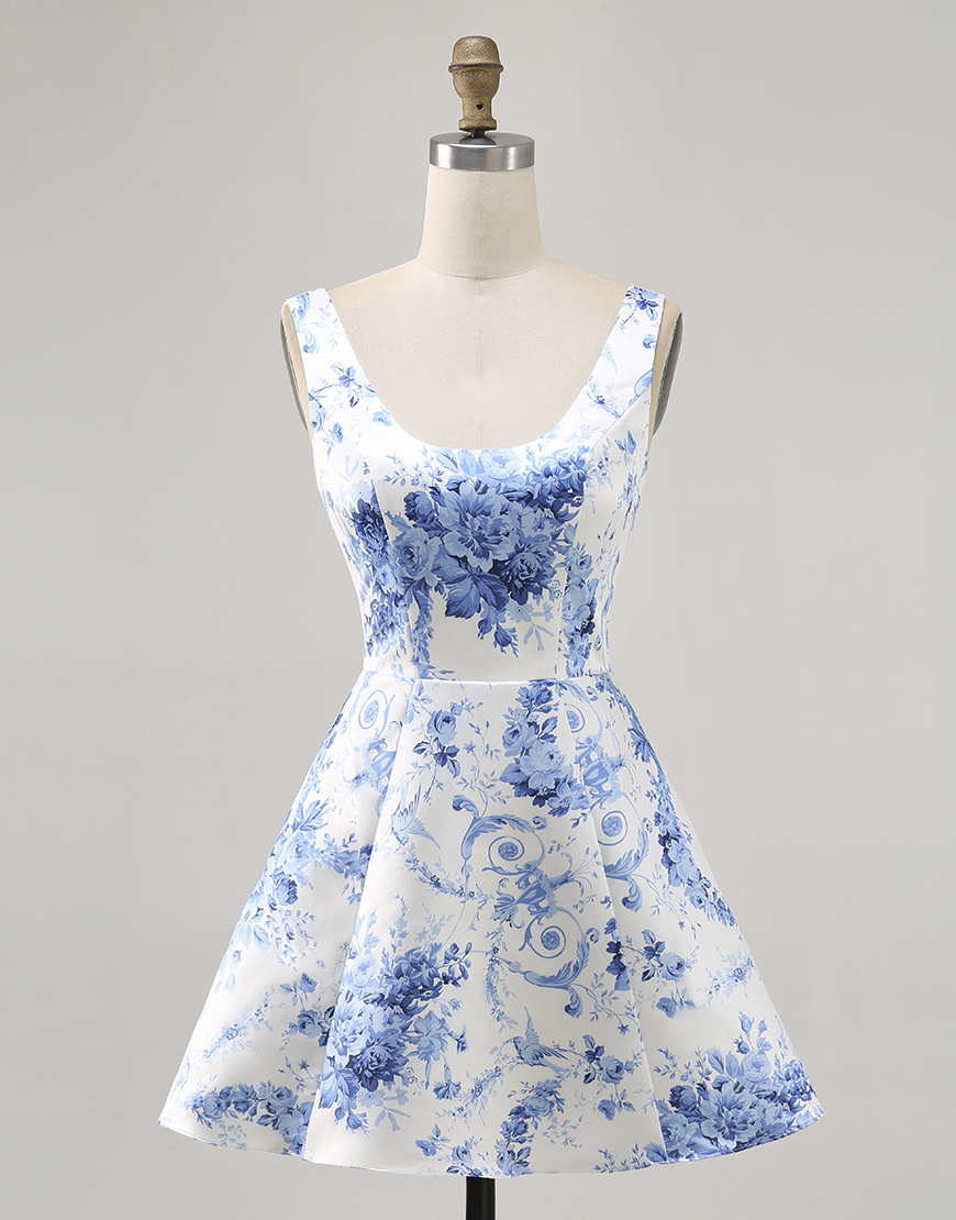 White and Blue Floral Scoop Neck Satin A Line Short Homecoming Dress
