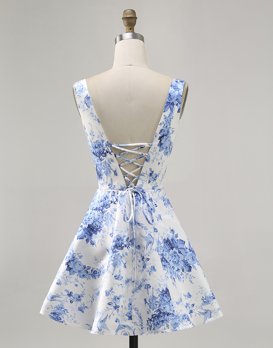 White and Blue Floral Scoop Neck Satin A Line Short Homecoming Dress