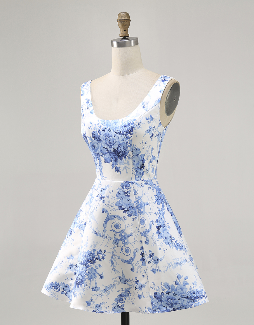 White and Blue Floral Scoop Neck Satin A Line Short Homecoming Dress