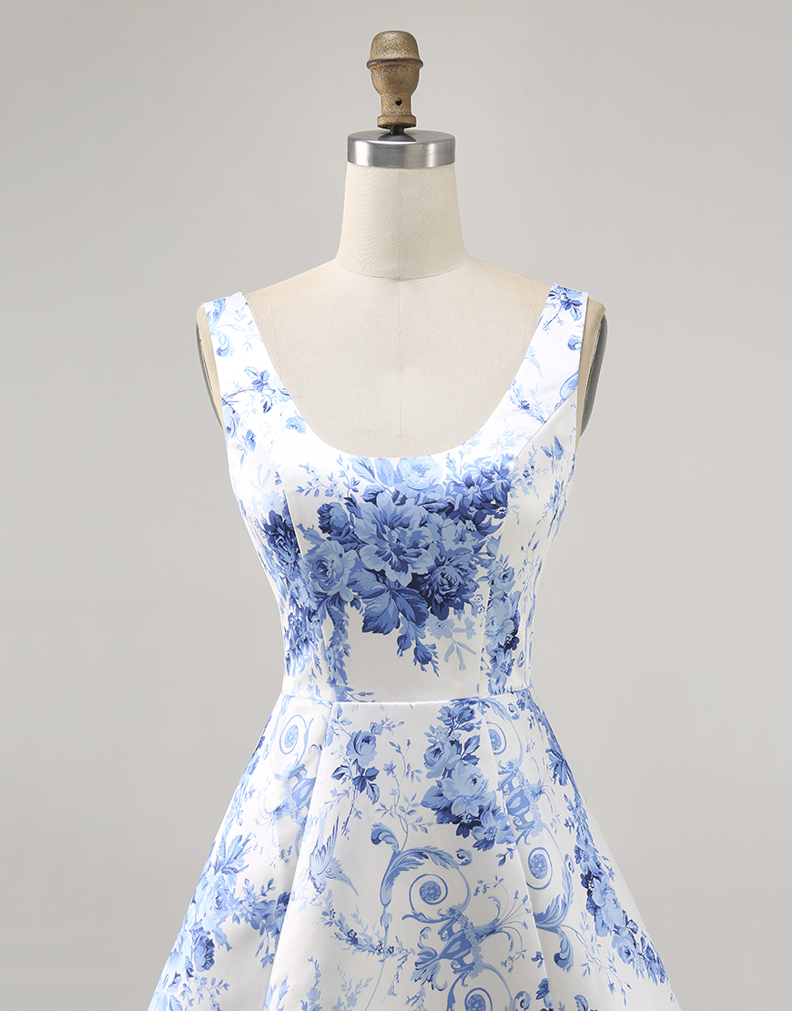 White and Blue Floral Scoop Neck Satin A Line Short Homecoming Dress