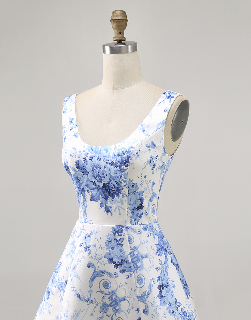 White and Blue Floral Scoop Neck Satin A Line Short Homecoming Dress