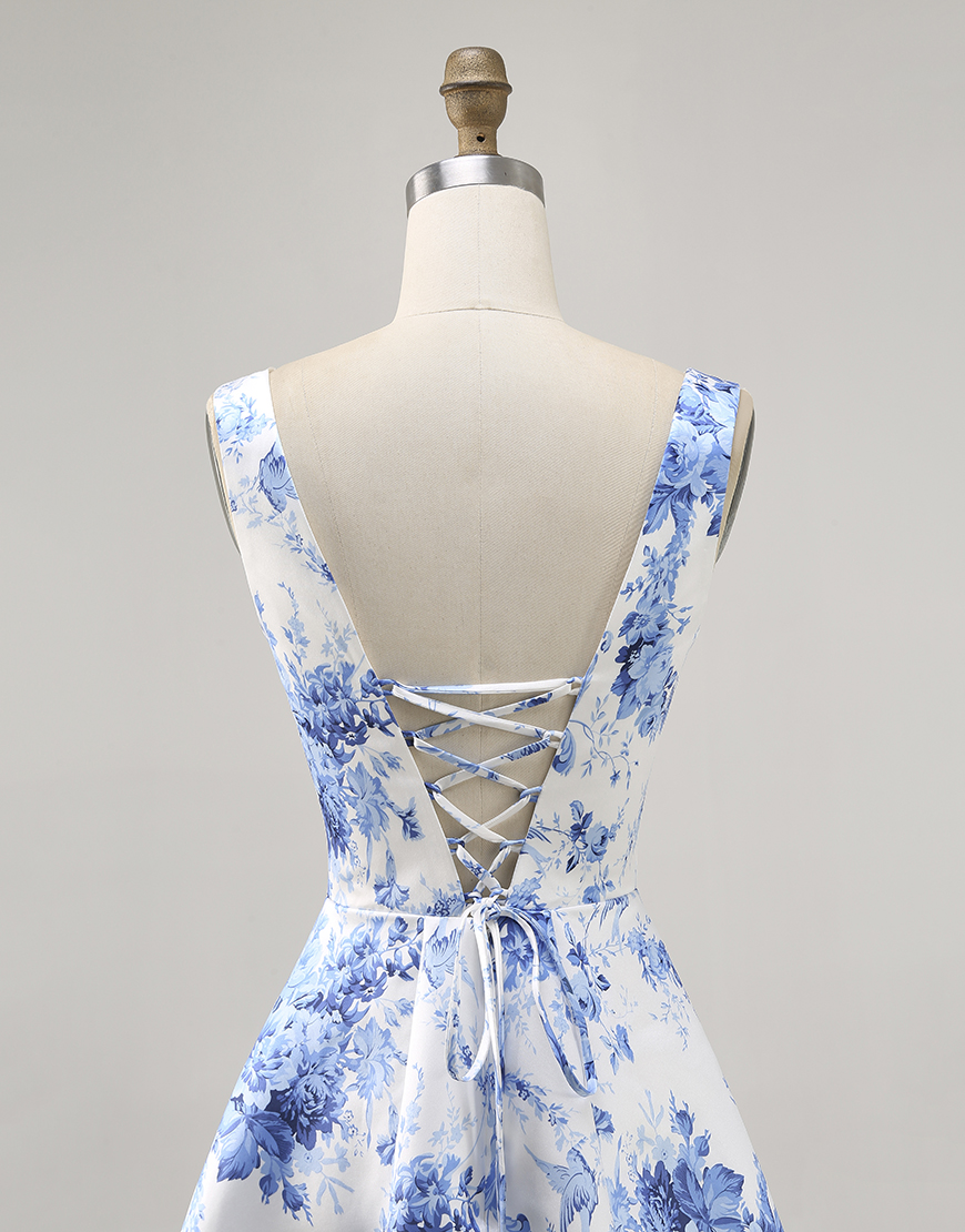 White and Blue Floral Scoop Neck Satin A Line Short Homecoming Dress