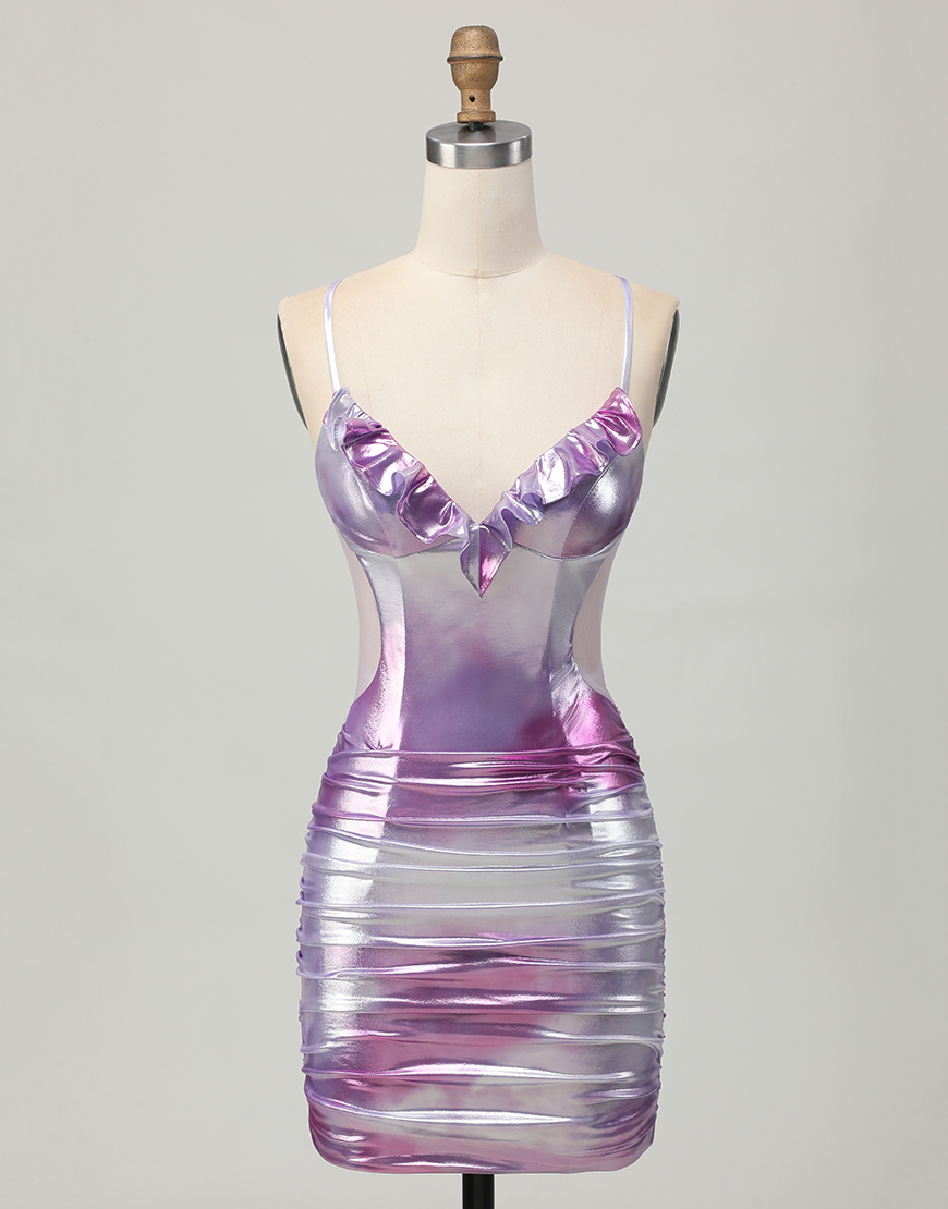 Metallic Silver Purple Bodycon Spaghetti Straps Short Homecoming Dress