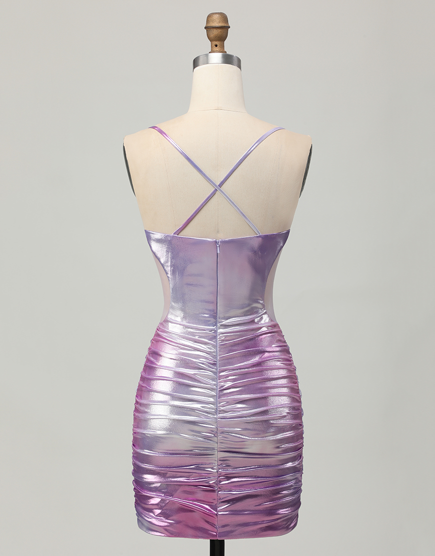 Metallic Silver Purple Bodycon Spaghetti Straps Short Homecoming Dress