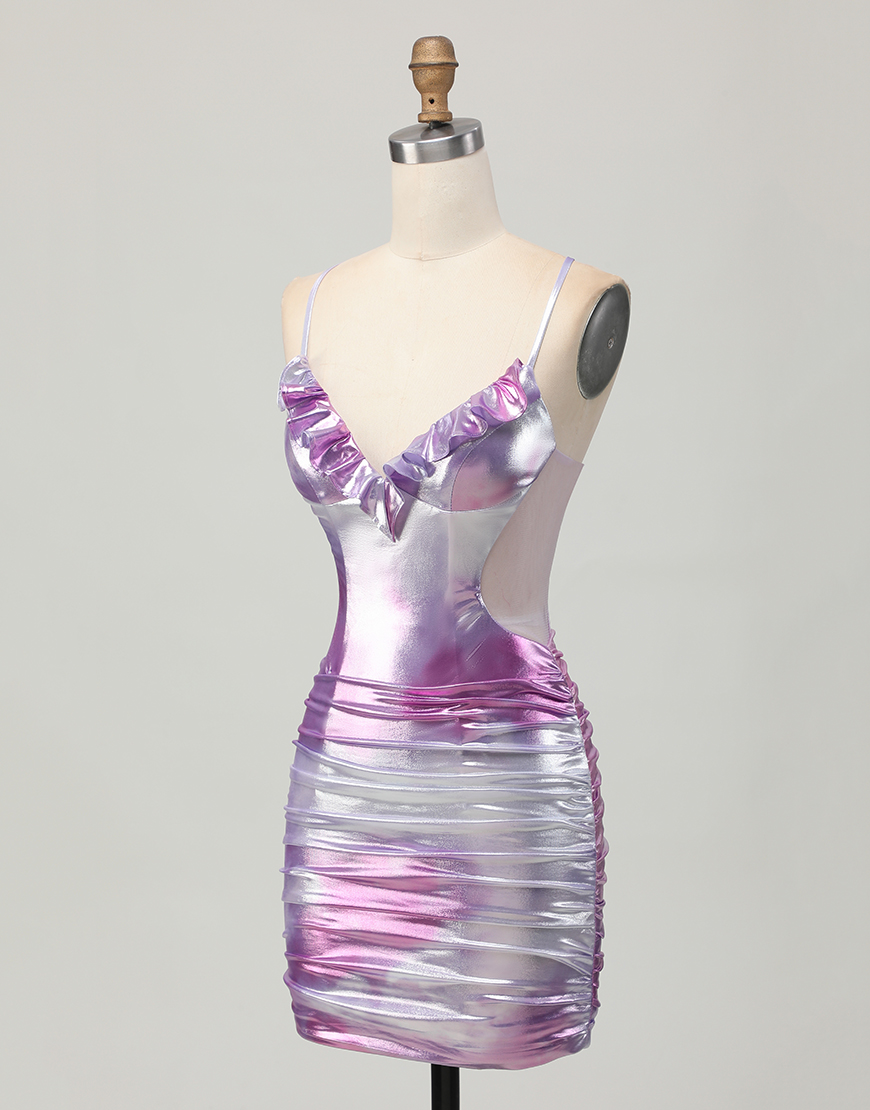 Metallic Silver Purple Bodycon Spaghetti Straps Short Homecoming Dress