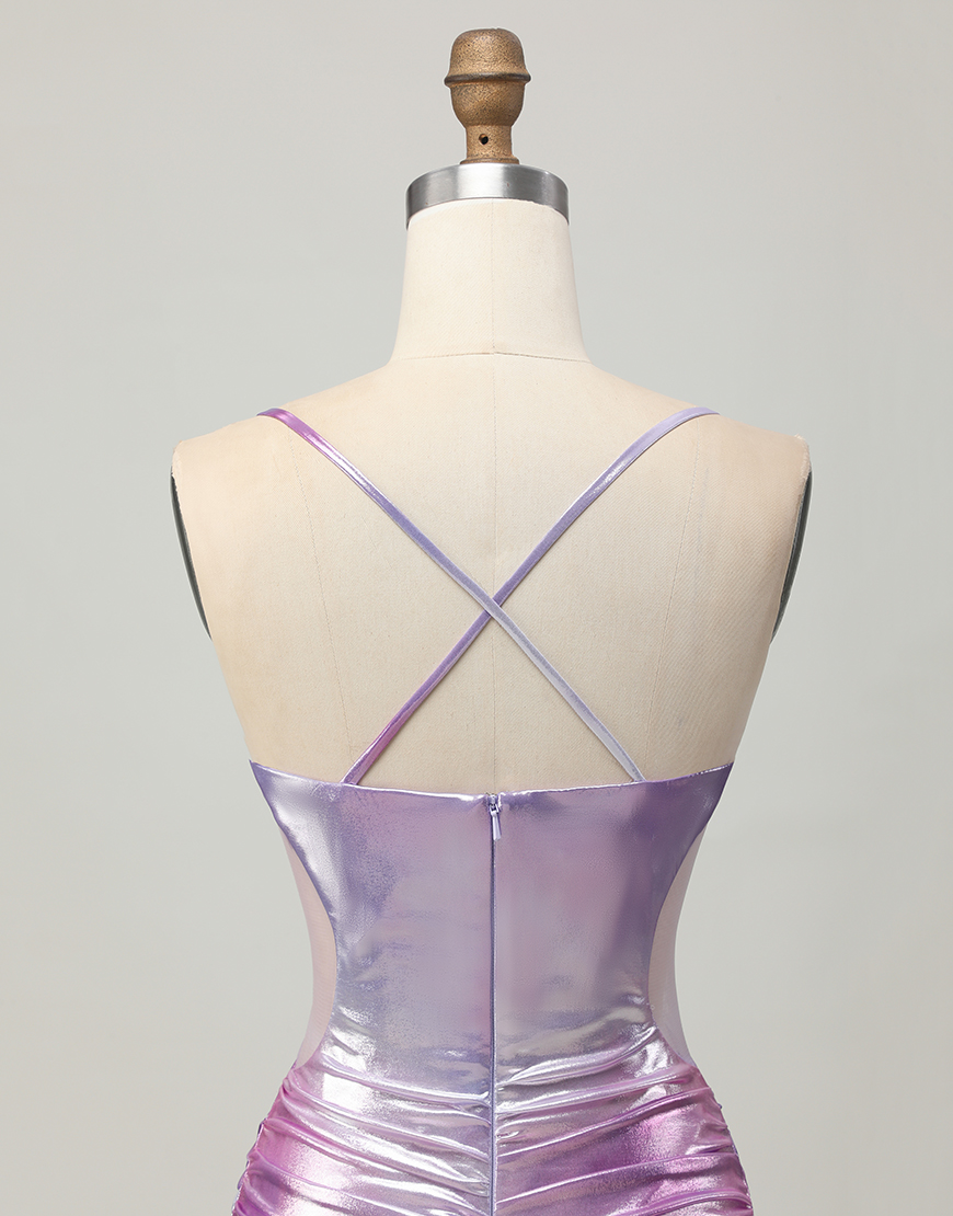 Metallic Silver Purple Bodycon Spaghetti Straps Short Homecoming Dress