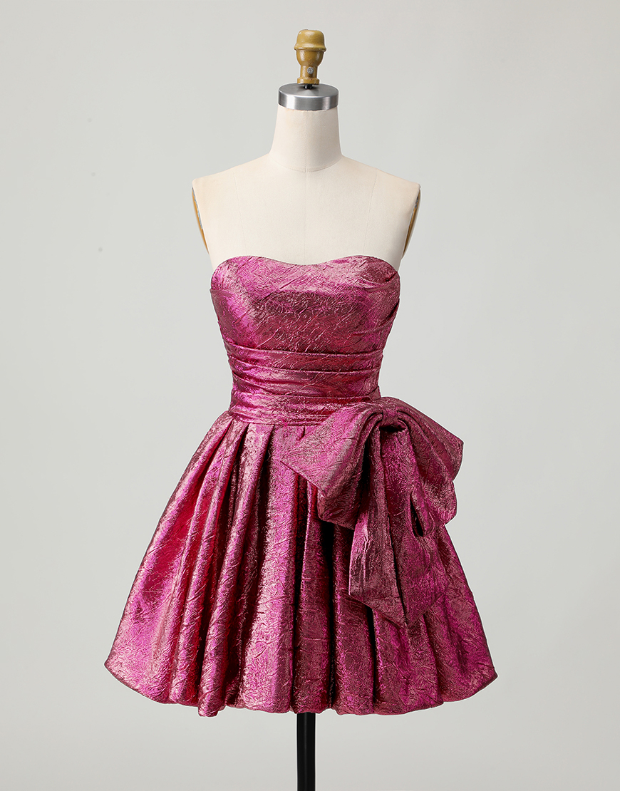 Dark Purple Metallic A Line Strapless Short Homecoming Dress with Bow