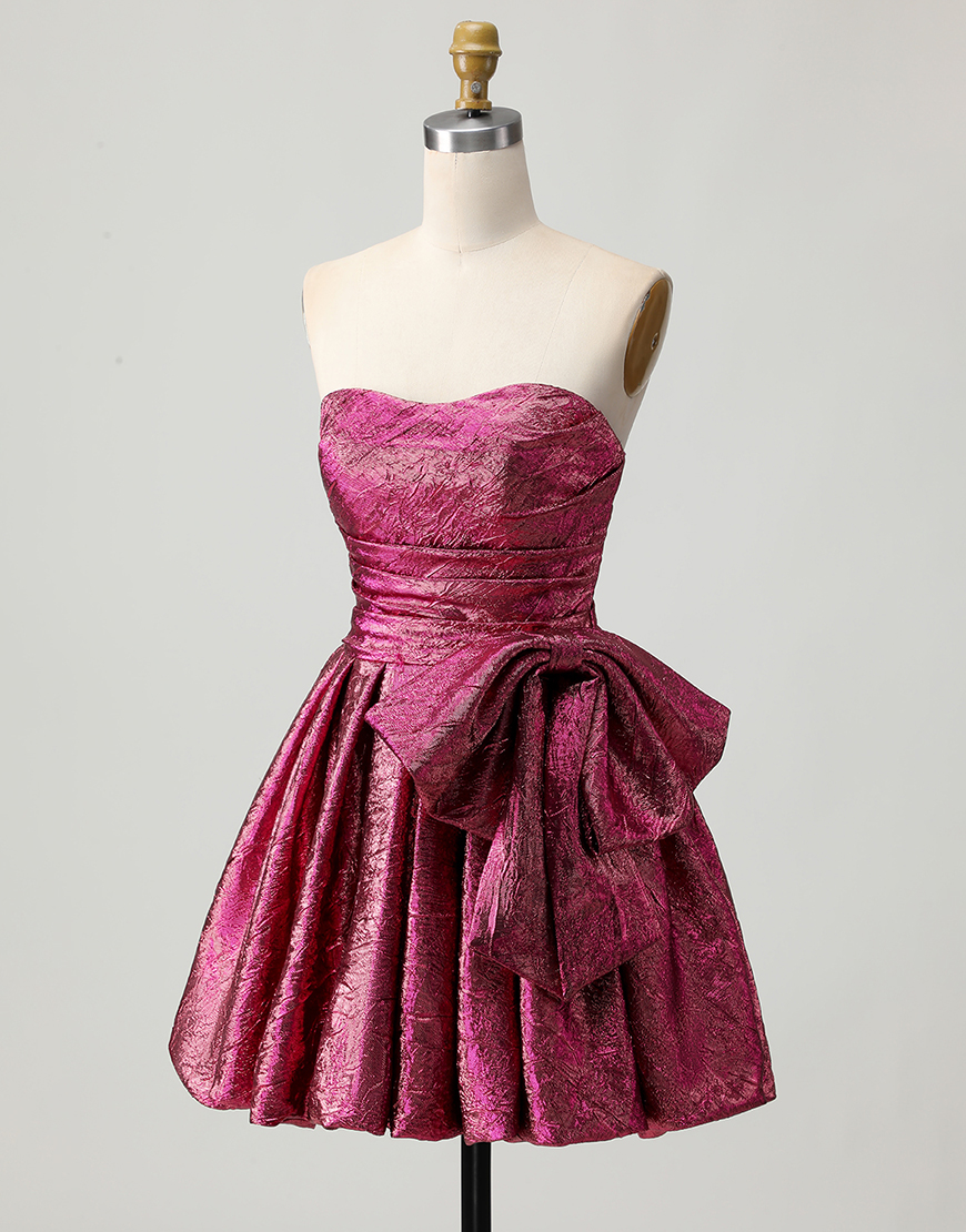 Dark Purple Metallic A Line Strapless Short Homecoming Dress with Bow