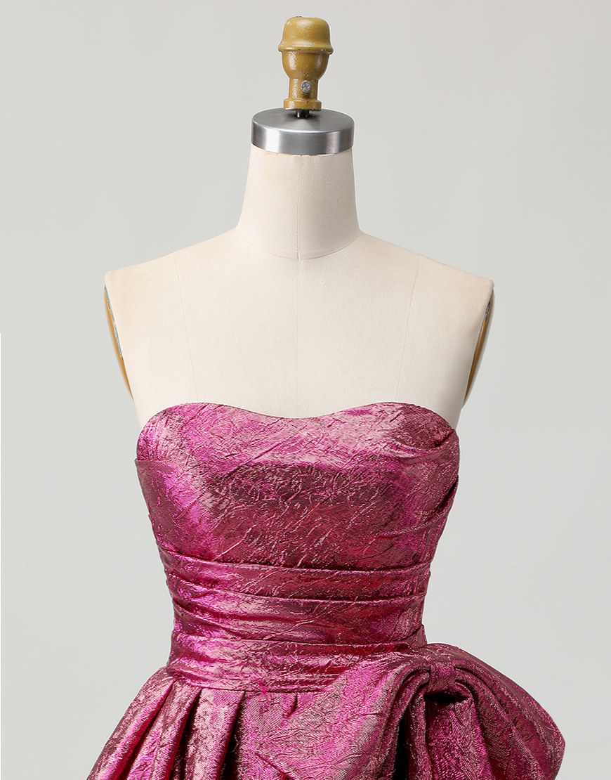 Dark Purple Metallic A Line Strapless Short Homecoming Dress with Bow