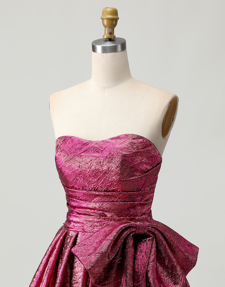 Dark Purple Metallic A Line Strapless Short Homecoming Dress with Bow