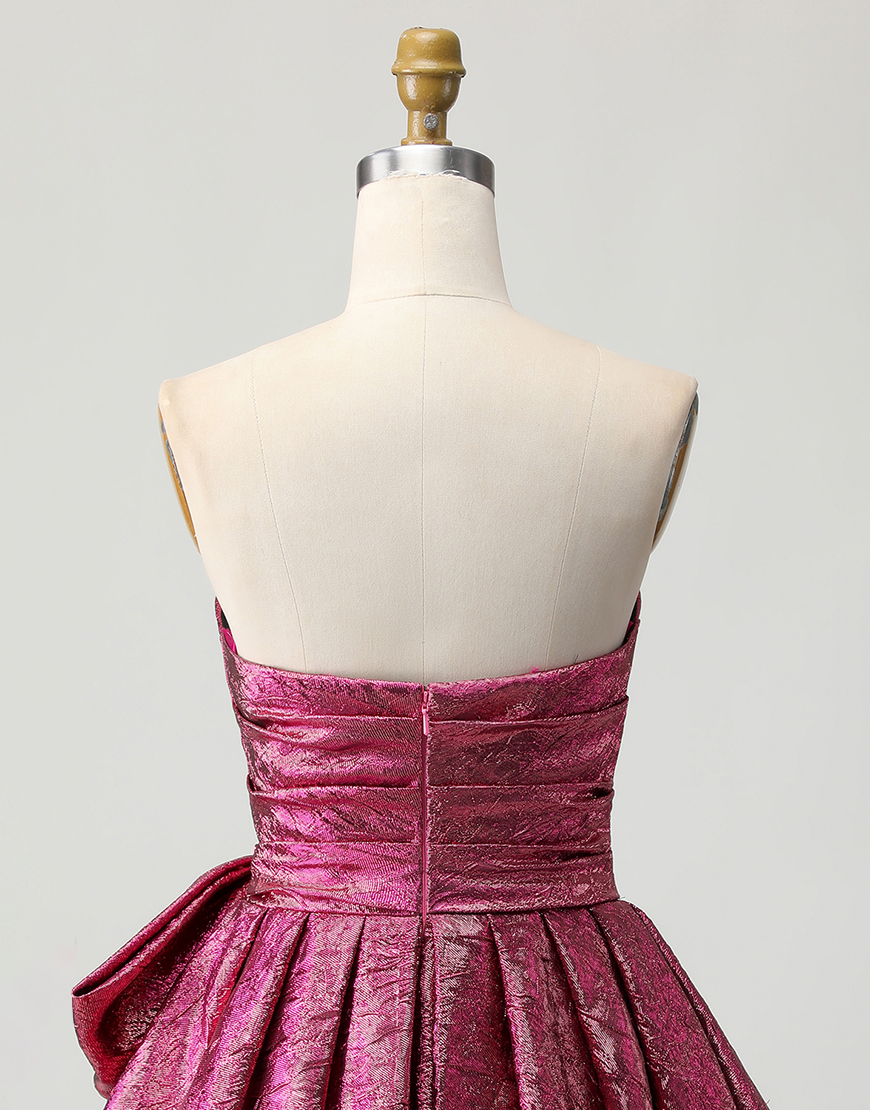 Dark Purple Metallic A Line Strapless Short Homecoming Dress with Bow