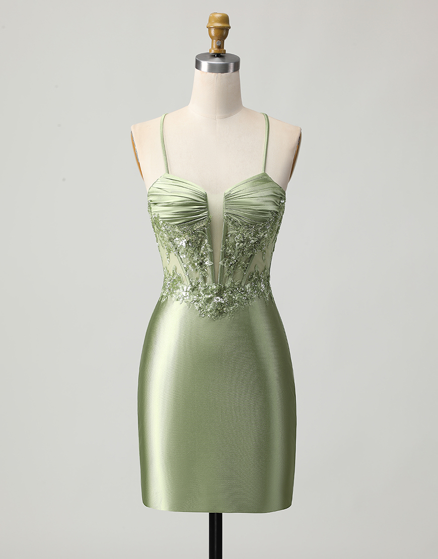 Sparkly Sage Green Satin Tight Short Corset Homecoming Dress with Appliques