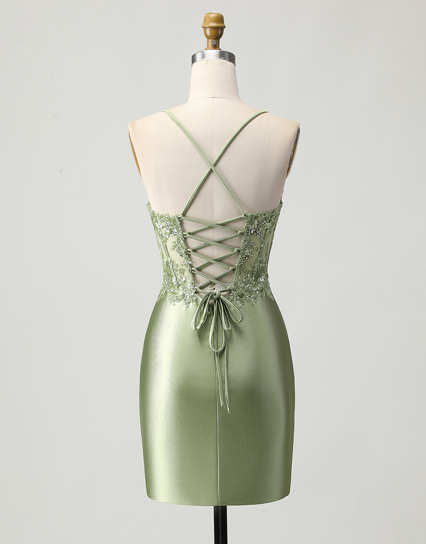 Sparkly Sage Green Satin Tight Short Corset Homecoming Dress with Appliques