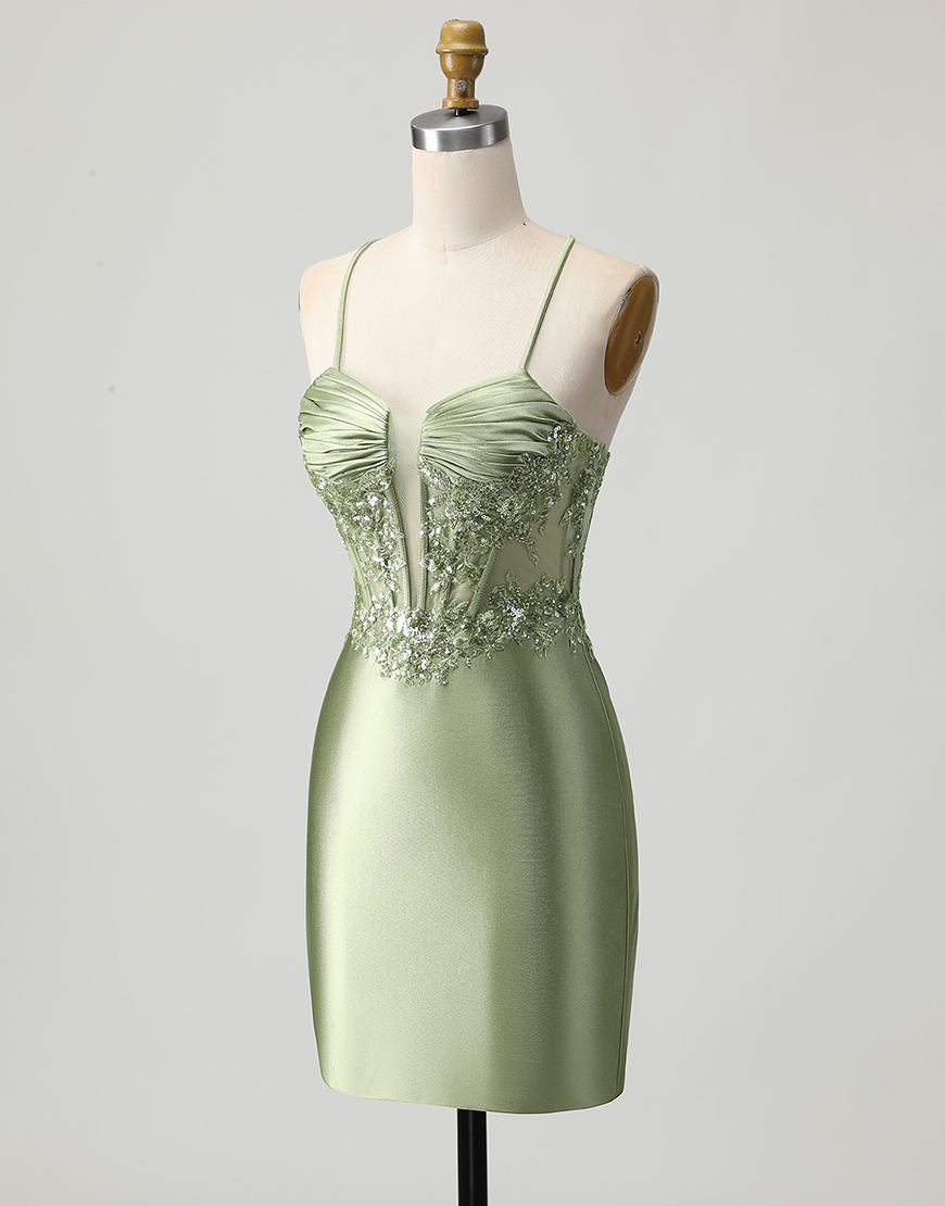 Sparkly Sage Green Satin Tight Short Corset Homecoming Dress with Appliques