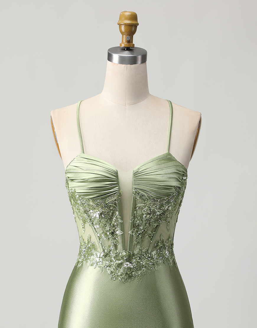 Sparkly Sage Green Satin Tight Short Corset Homecoming Dress with Appliques