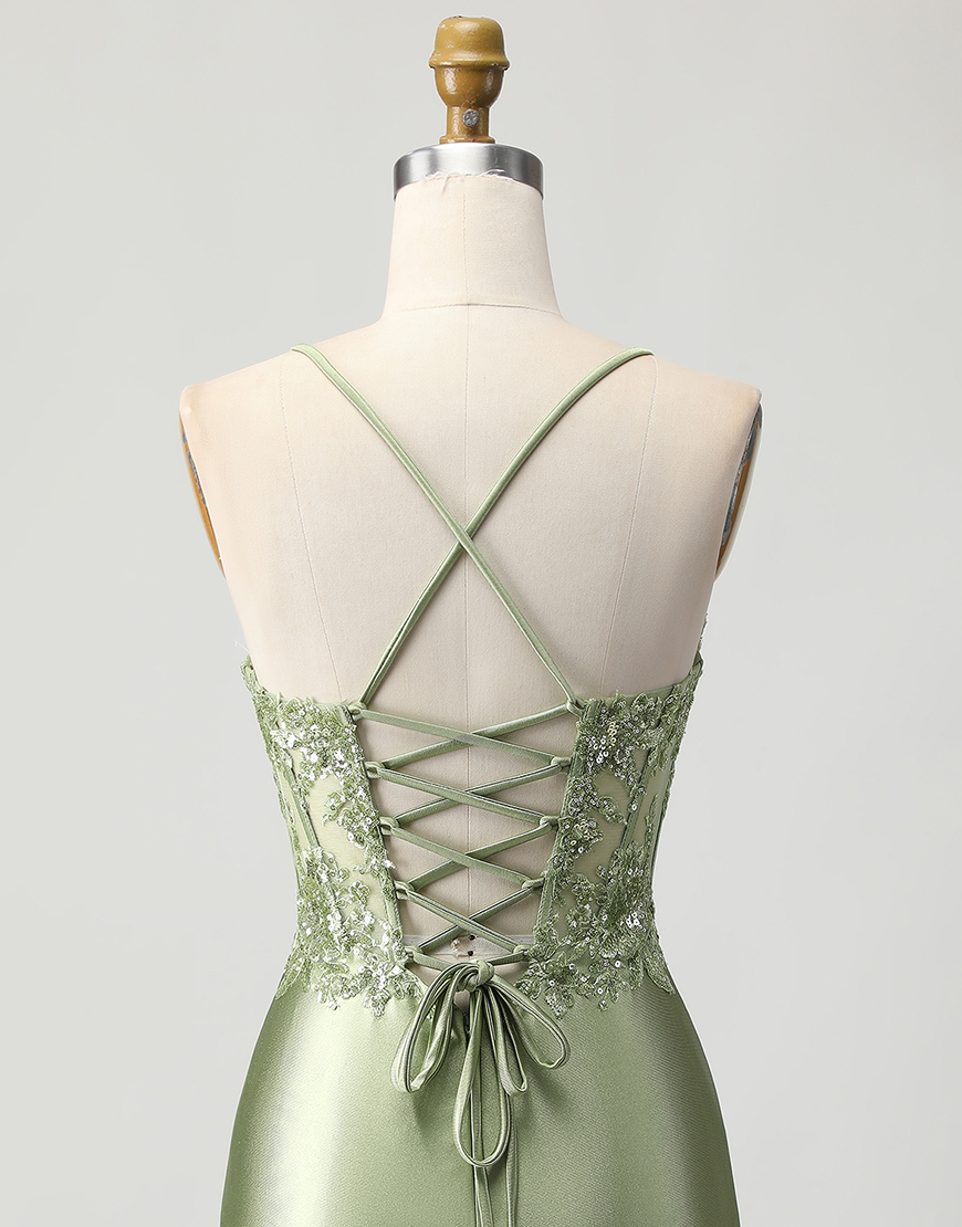 Sparkly Sage Green Satin Tight Short Corset Homecoming Dress with Appliques