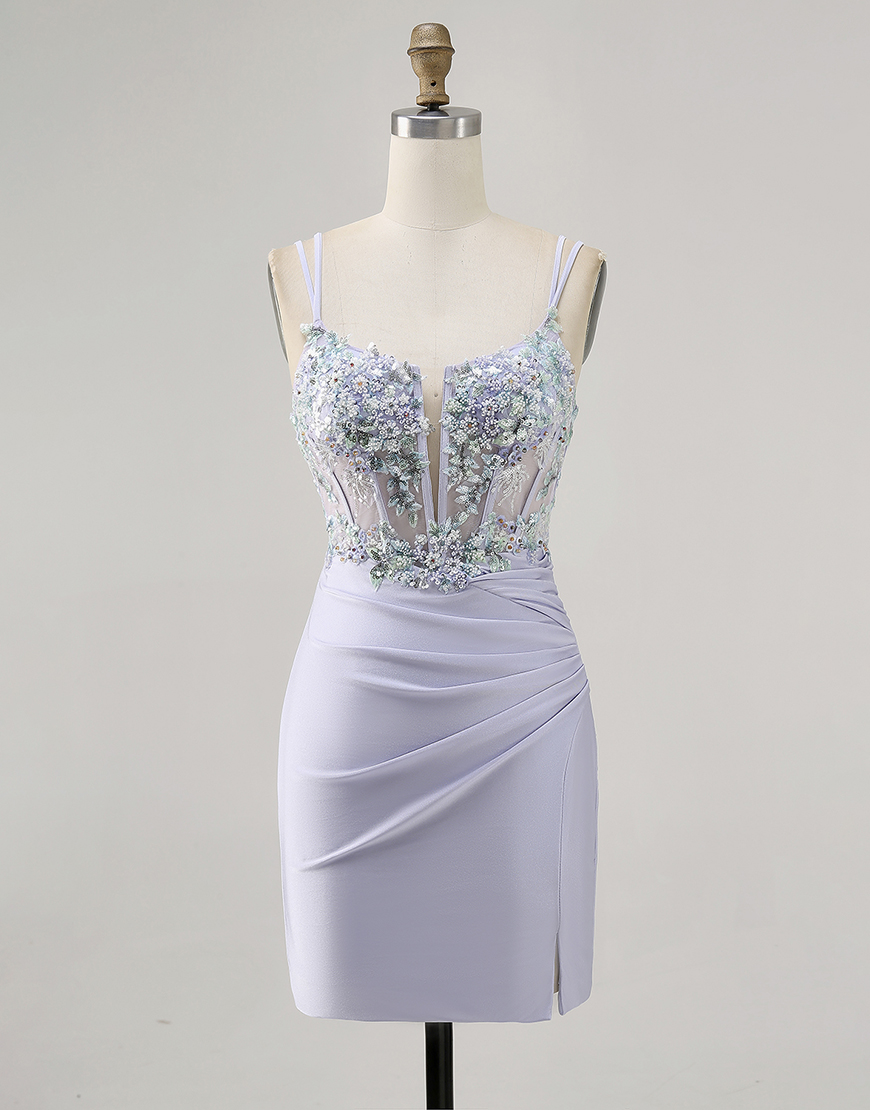 Lavender Corset Satin Floral Short Homecoming Dress with Lace