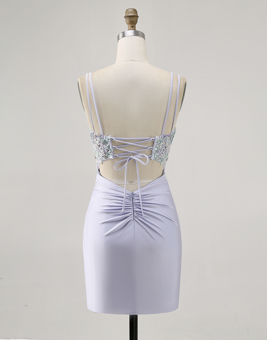 Lavender Corset Satin Floral Short Homecoming Dress with Lace