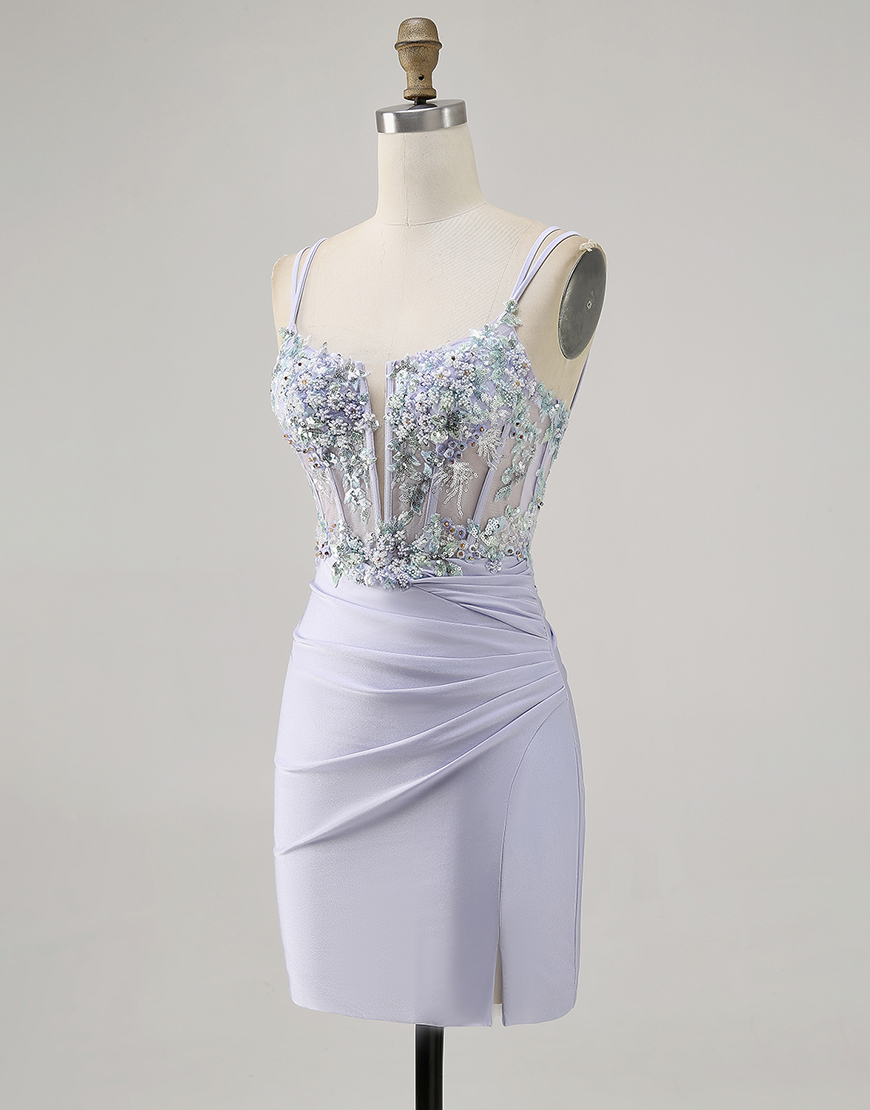 Lavender Corset Satin Floral Short Homecoming Dress with Lace