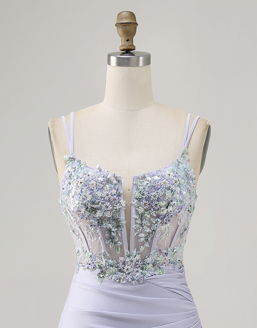 Lavender Corset Satin Floral Short Homecoming Dress with Lace