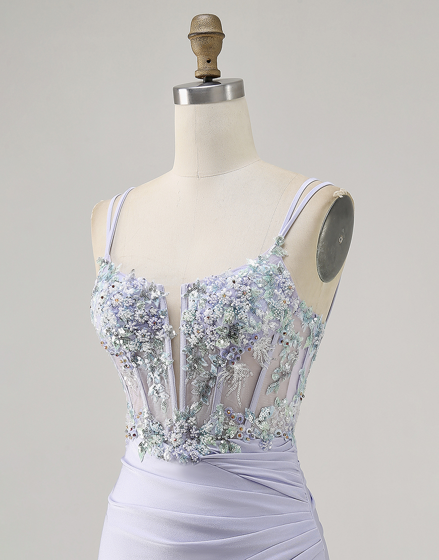 Lavender Corset Satin Floral Short Homecoming Dress with Lace