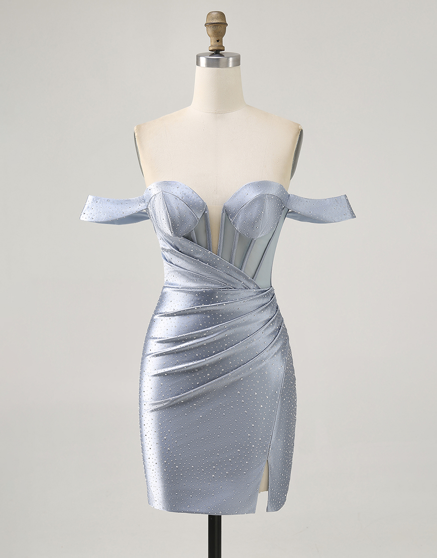 Sparkly Dusty Blue Corset Tight Satin Short Homecoming Dress with Beading